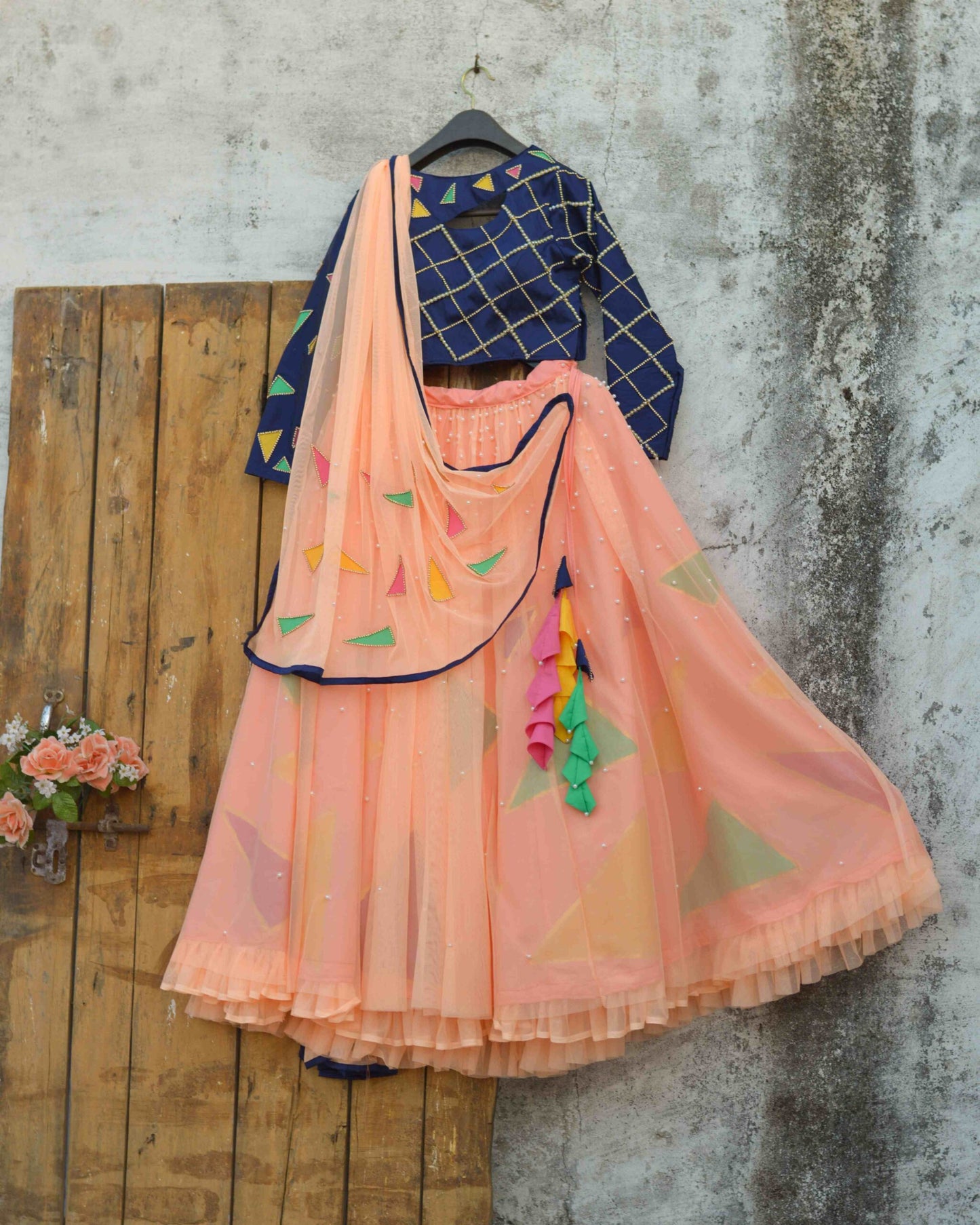 Peach Navy Blue Lehenga