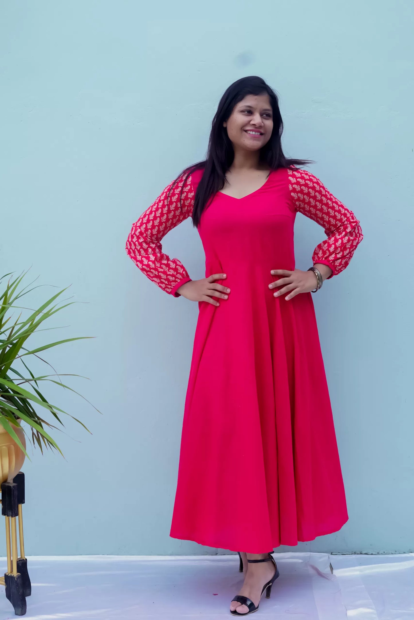 Red Printed sleeves Dress