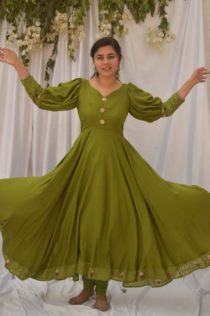 Mehndi Green Balloon Sleeves Anarkali