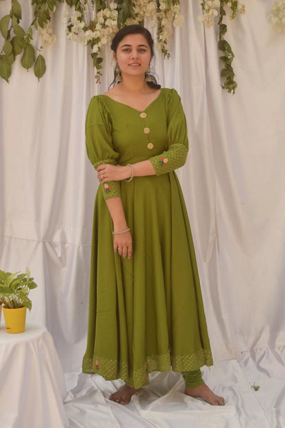 Mehndi Green Balloon Sleeves Anarkali