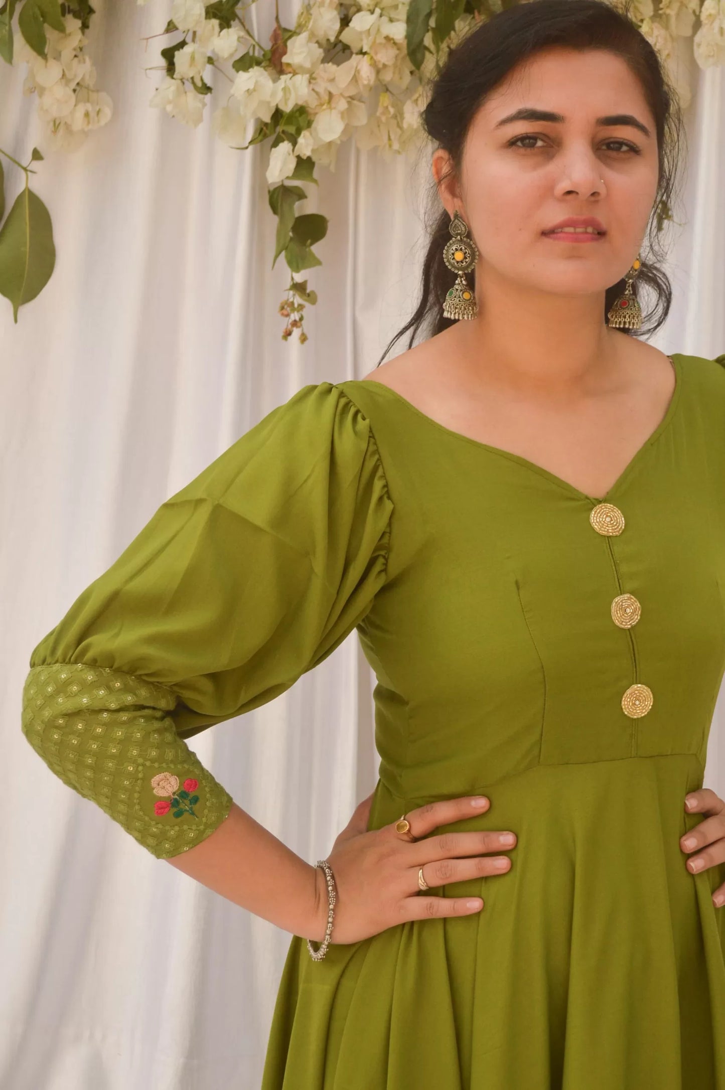 Mehndi Green Balloon Sleeves Anarkali