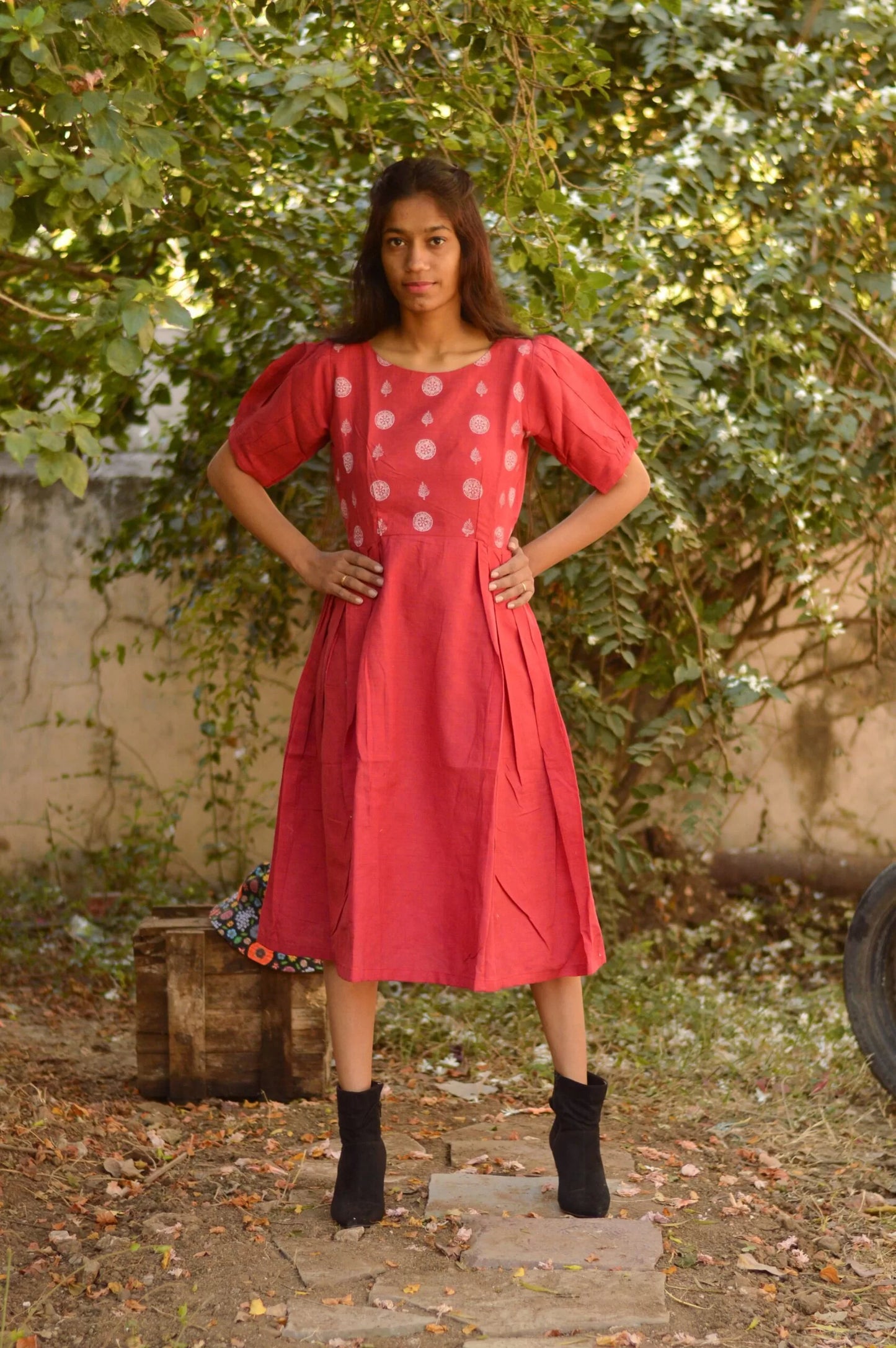 South Cotton Block Print Red Dress