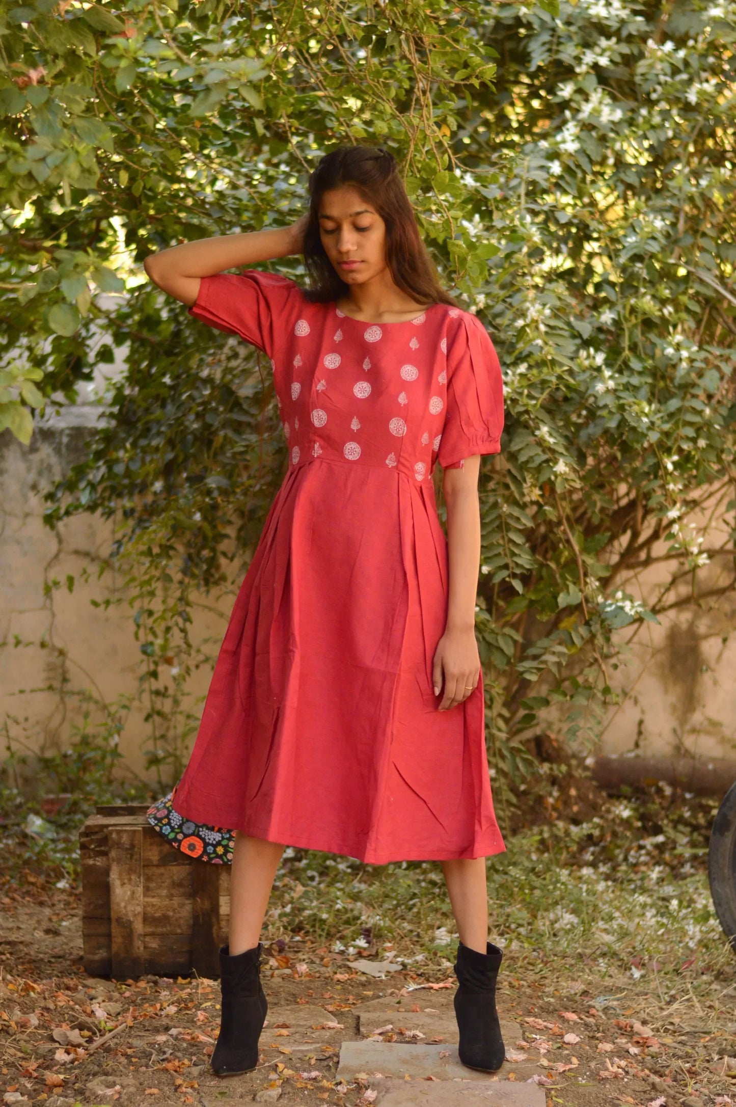 South Cotton Block Print Red Dress