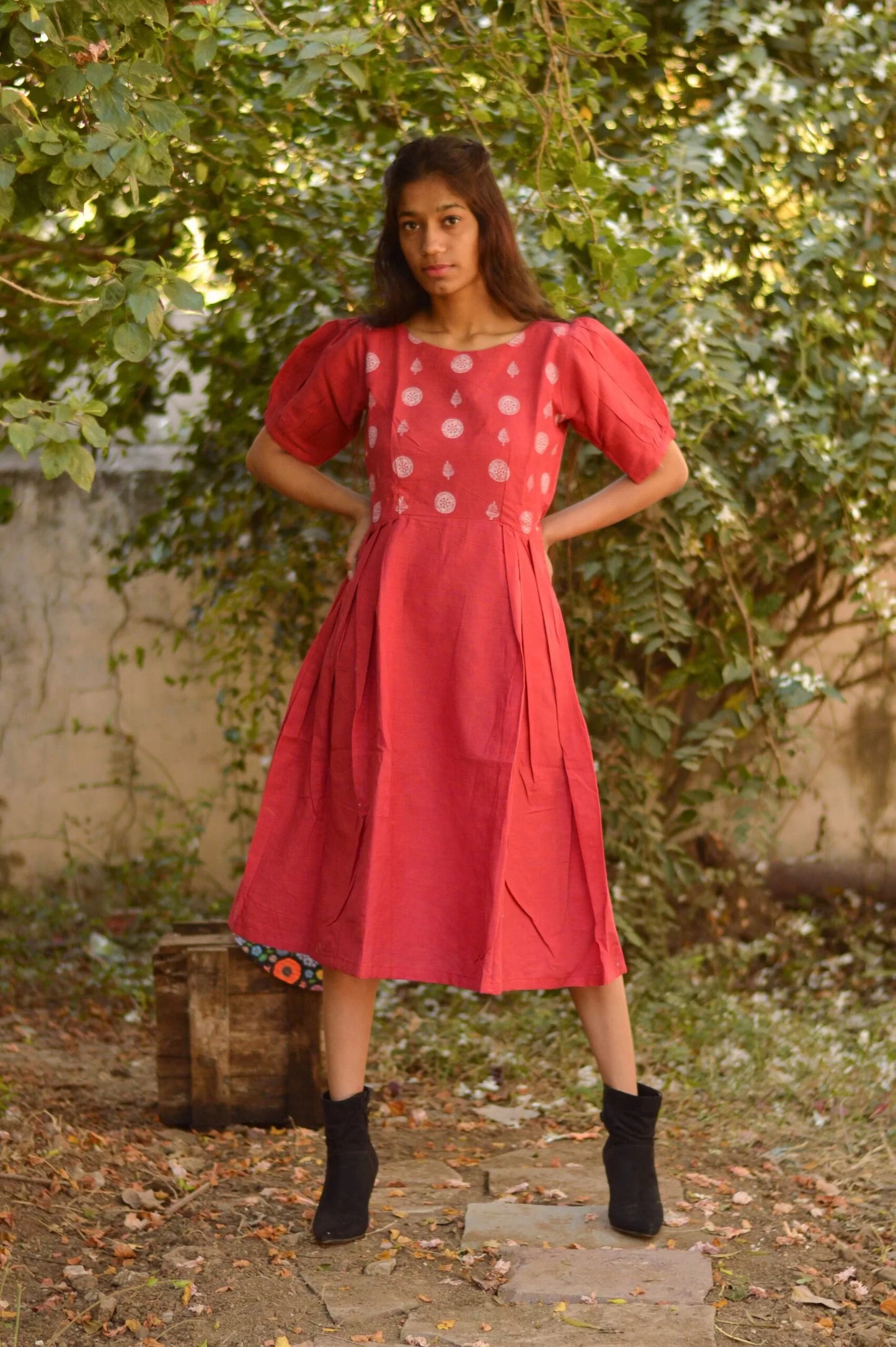 South Cotton Block Print Red Dress