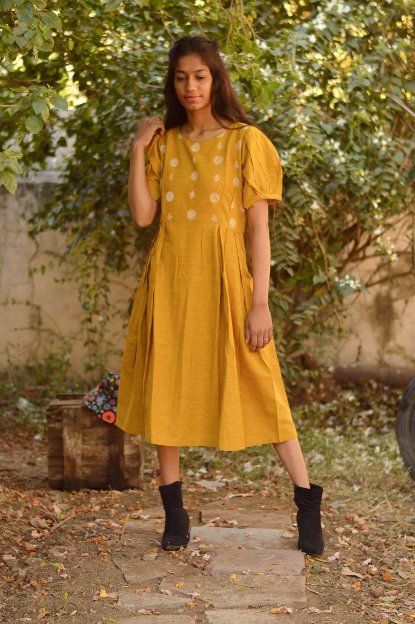 South Cotton Ethnic Print Mustard Dress