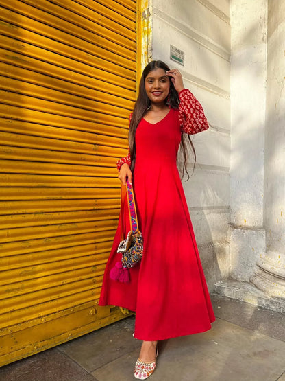 Red Printed sleeves Dress