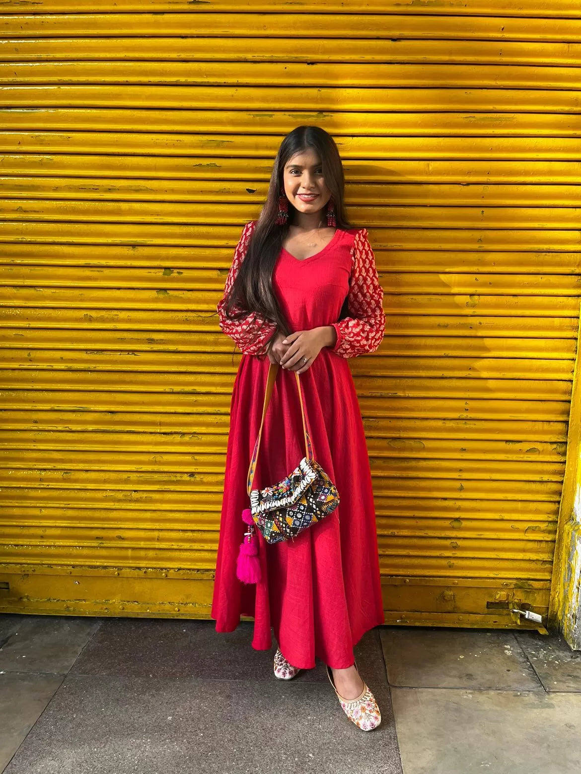 Red Printed sleeves Dress