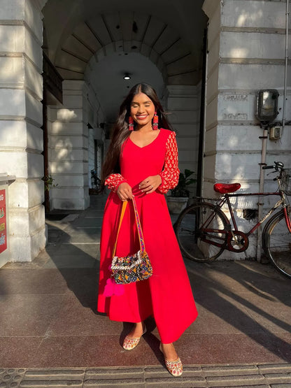 Red Printed sleeves Dress