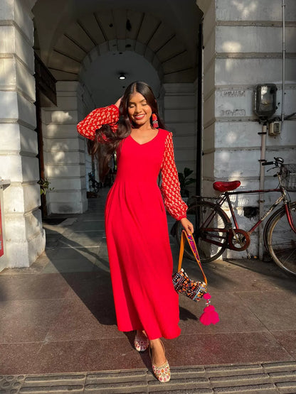 Red Printed sleeves Dress