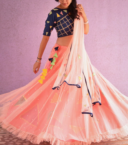 Peach Navy Blue Lehenga